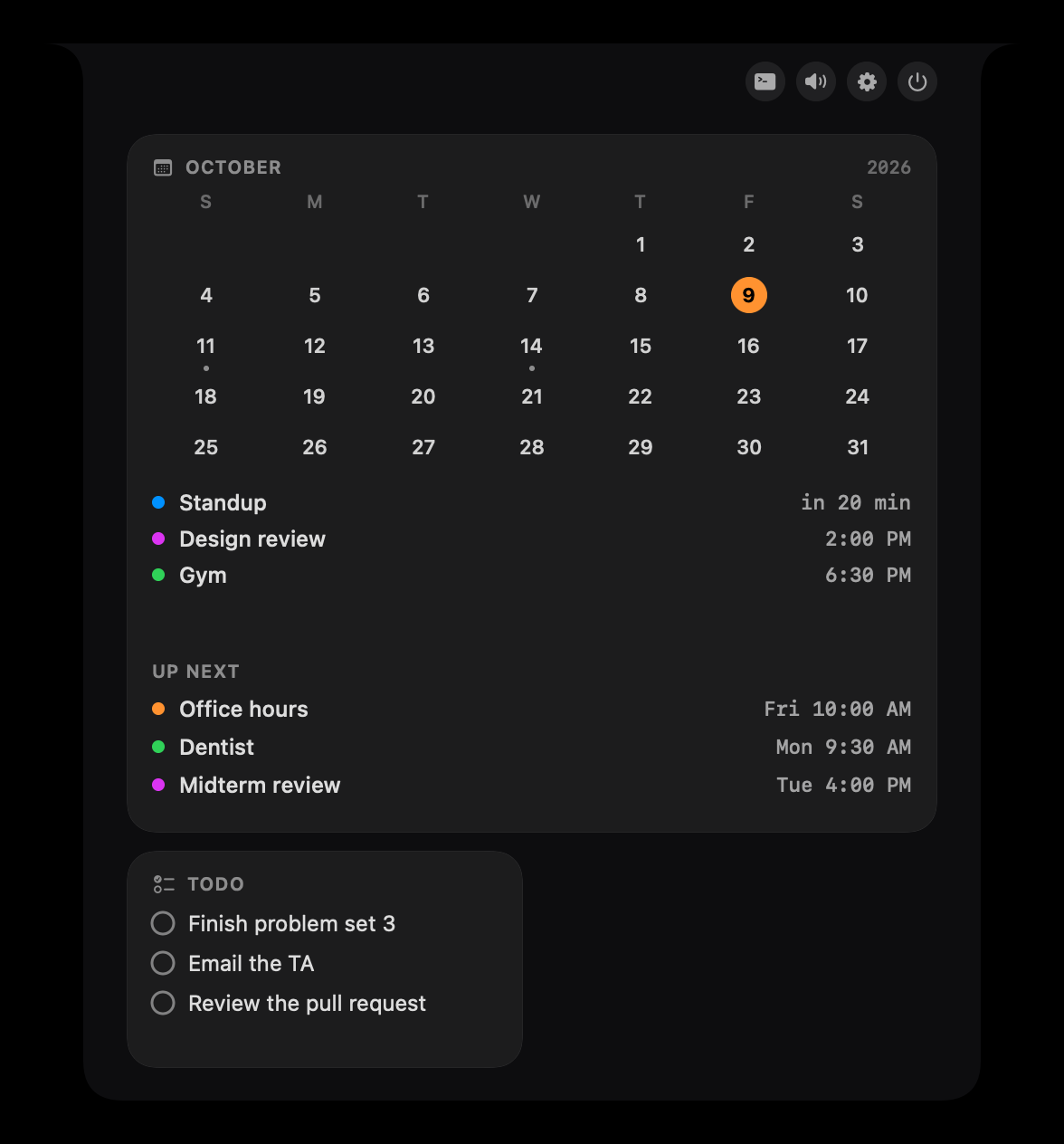 The calendar widget with a month grid, today's events and a short to-do list