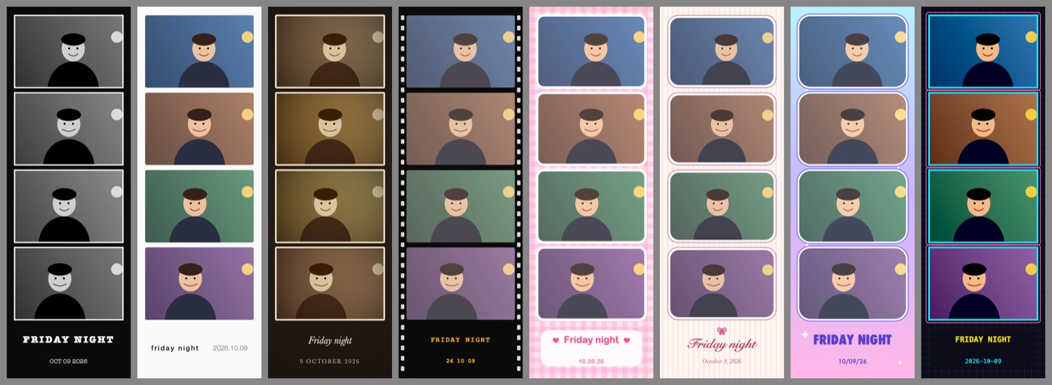 Eight photo booth strips in different frames, each with four shots and a caption