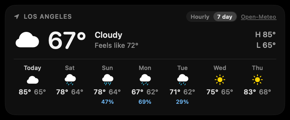 The weather widget showing Los Angeles, 67 degrees and cloudy, with a seven day forecast